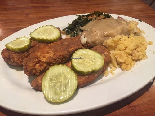 southern spicy fried chick'n with cauli-mashed potatoes ?, corn cake and collard greens  at Veggie Grill by Next Level in Pasadena