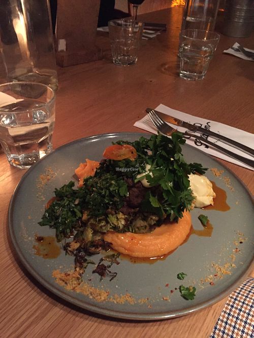 Seitan with sweet potato puree and brussel sprout slaw. Delicious at ONDA in Helsinki