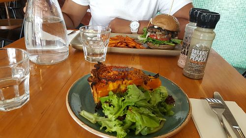 Frittata + bean burger at Vege Rama in West End