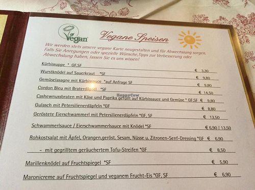 Vegane Speisekarte at Gasthaus am Predigtstuhl in Vienna