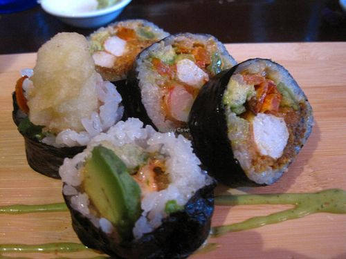 Mumbai Futomaki : Vegan shrimp in tempura, green onion, avocado, sweet potato and curry sauce.

You can definitely taste the curry in this one and it's pretty spicy. Highly recommended. at Sushi Momo in Montreal