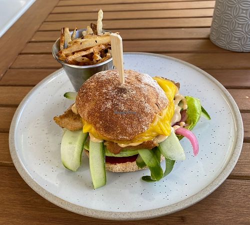 Vegan spiced panko crumbed chicken burger with side of fries #Veganuary at Heal.Thy Self Co in Yarraville