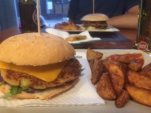 Potato - Leek burger and fries. MMMM at Black Mamba Burgers and Records in Porto