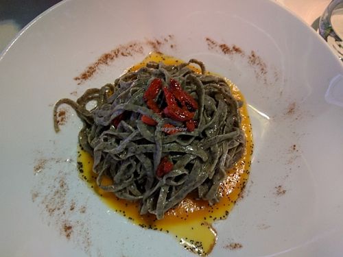 Hemp tagliolini with pumpkin cream, goji berries, poppy seeds and cinnamon at Ristorante Da Mario alla Fava in Venice