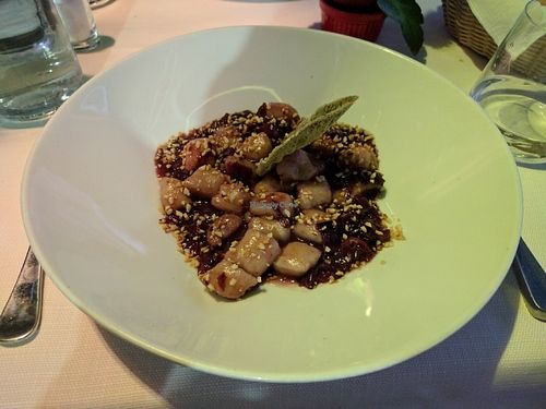 Homemade potato gnocchi with red chicory and hazelnut flavoured with sage at Ristorante Da Mario alla Fava in Venice