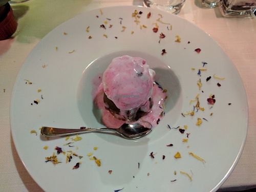 Outstanding vegan cherry gelato on top an apple tart tartine  at Ristorante Da Mario alla Fava in Venice