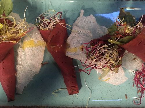 Vegan bresaola with rice cakes and sprouts at Ristorante Da Mario alla Fava in Venice