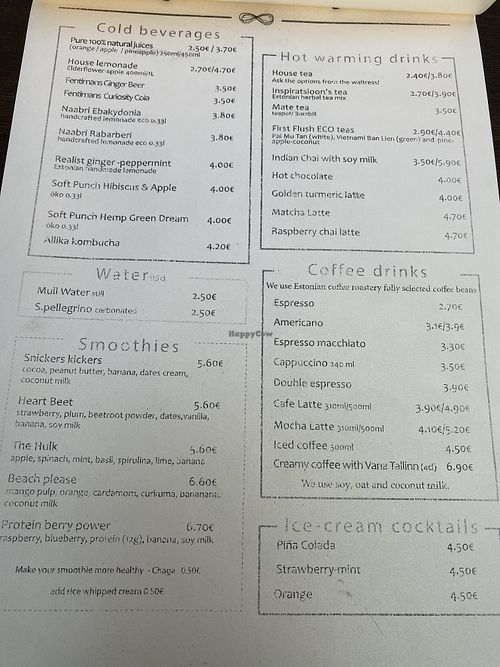 Drinks menu at Vegan Inspiratsioon in Tallinn
