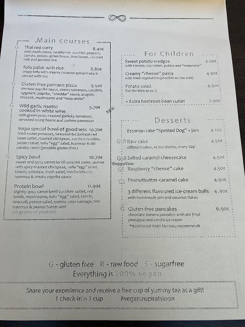 Menu at Vegan Inspiratsioon in Tallinn