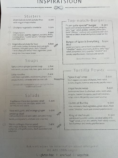 Menu at Vegan Inspiratsioon in Tallinn