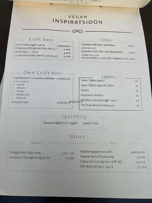 Alcohol menu at Vegan Inspiratsioon in Tallinn
