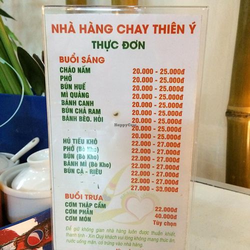 menu at Thien Y - Yersin in Nha Trang