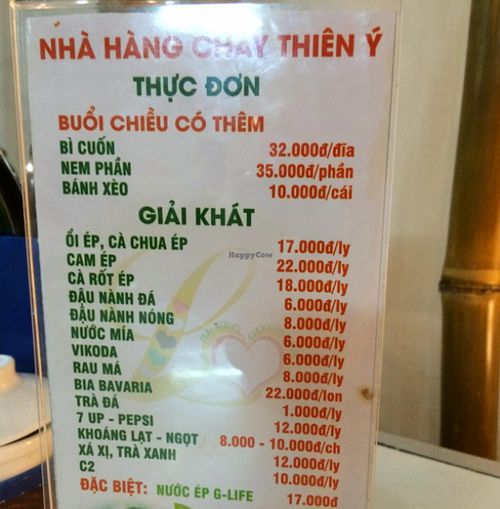 drinks menu at Thien Y - Yersin in Nha Trang