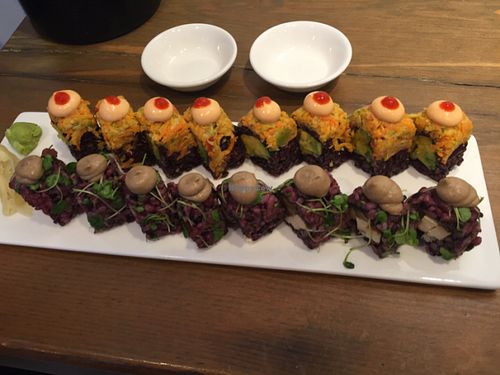 spicy mang and mighty mushroom. insanely great! at Beyond Sushi in New York City