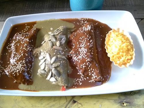They will veganize anything they can on the menu. Our server, Sandra, was very knowledgeable about vegan foods. These were enchiladas with three types of mole sauces and they were filled with tofu, spinach and other veggies. at Greenverde Restaurant in Isla Mujeres