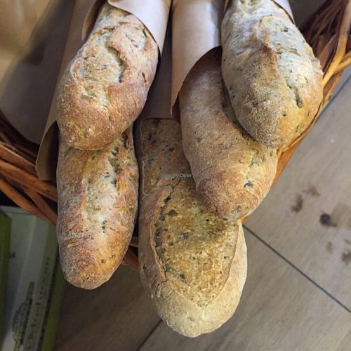 fresh baguettes in specialty store at River Valley Farmer's Table in Chicago