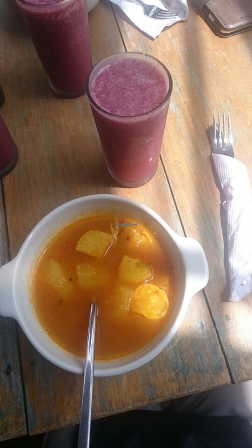 soup and juice from el menu del dia at Chana Plant Based in Medellin