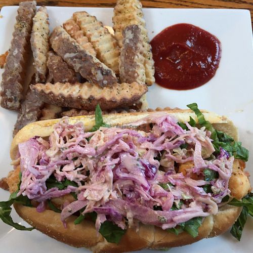 Fried Togo po' boy with slaw on top at Alder Bistro and the Dispensary Lounge in Yachats