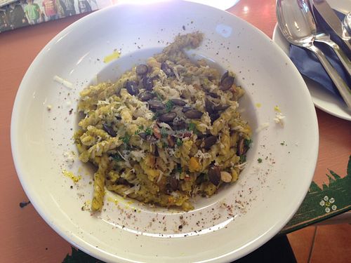 Noodles, pesto, freshly grated cheese and horseradish, sprinkled with pepitas at Kunstklamm16 in Garmisch Partenkirchen