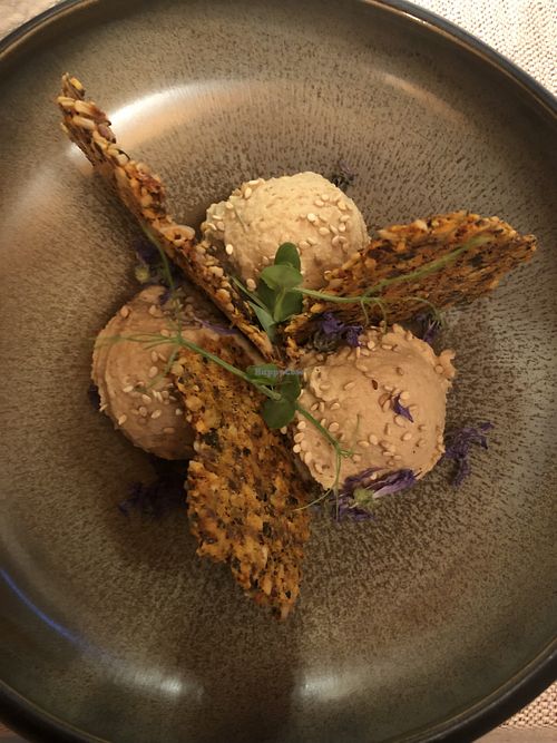 Black garlic hummus and raw crackers  at Al Tiglio Cucina Naturale in Moruzzo