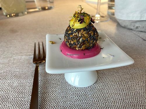 Extra entree: apple and pumpkin ball with curry and beetroot mayo💖 at Al Tiglio Cucina Naturale in Moruzzo