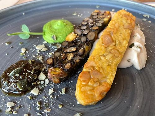 Homemade tempeh with bean hummus, pea cream and pumpkin seeds puree 🎃 at Al Tiglio Cucina Naturale in Moruzzo