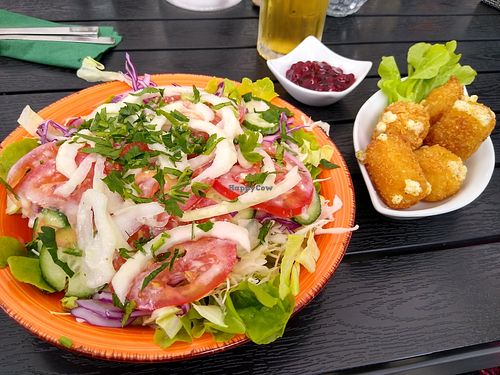 Side salad and vegan fried cheese balls at Vegano in Gross-gerau