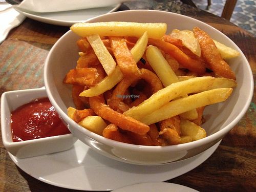 Mixed fries (potato and sweet-potato) fries with ketchup at Valladares in Berlin at Valladares in Berlin