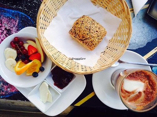 Small breakfast with vegan butter, jam and fruits + one small bread at Valladares in Berlin
