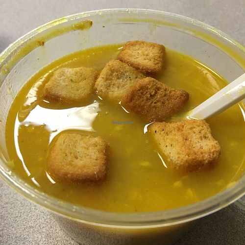 Yellow Lentil Soup with Baked Croutons at Appu's Cafe in Long Beach