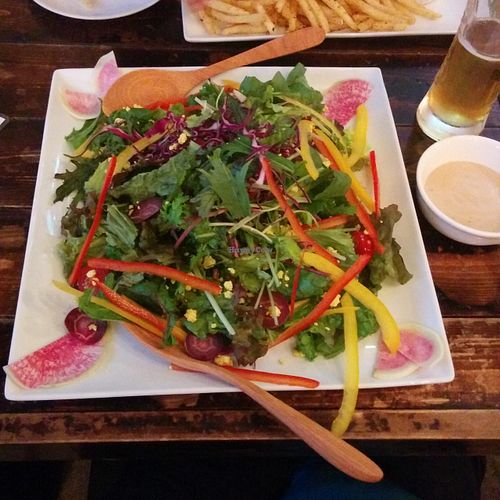 We were so impressed by this gorgeous salad. Purple carrots! Rainbow chard! Watermelon radish! And other goodies... at Hang Out in Tokyo