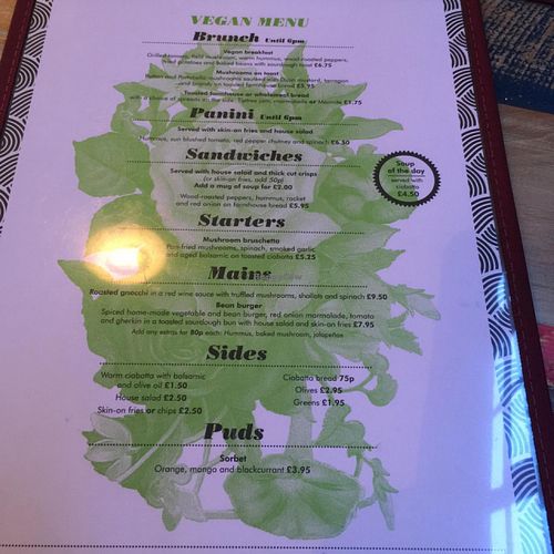 the vegan menu  at The Cosy Club in Leicester