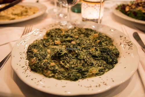 Chickpeas and spinach with a creamy goat cheese sauce and thyme (wonderful combination!) at Naturbar in Frankfurt