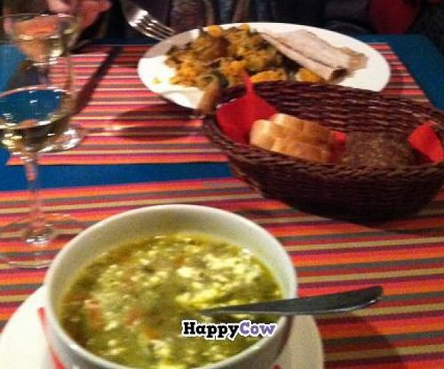 Curry of the day (eggplant) and soup of the day at Balti Drambliai Vegetarine Kavine in Vilnius