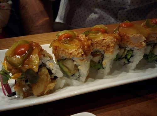 Secret Weapon (eryngii mushroom tempura, avocado, spicy shredded tofu, torched jalapeno, pickled pineapple, habanero sauce) at Shizen Vegan Sushi Bar in San Francisco