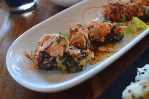 Boddy & Soul (Tempura fried roll with spicy bean curd, tapioca, negi, togarashi, sesame, and secret sauce) at Shizen Vegan Sushi Bar in San Francisco