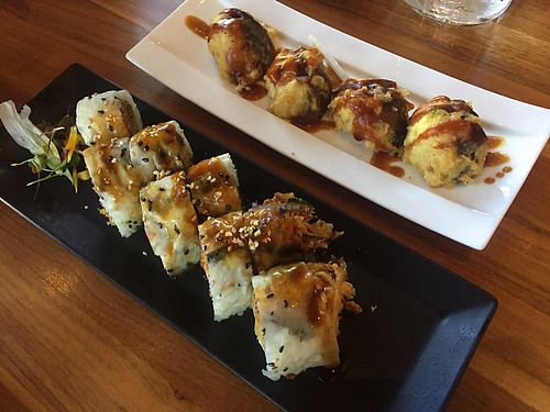 yum hidden agenda makis and ok stuffed shiitake at Shizen Vegan Sushi Bar in San Francisco