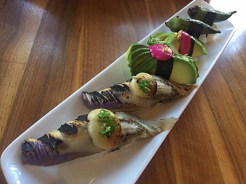 boring aubergine and avocado nigiri at Shizen Vegan Sushi Bar in San Francisco