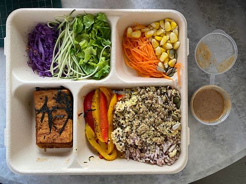 Buddha Bowl consists of organic red cabbage, organic carrots, organic lettuce, organic cucumber, organic corns, pan-fried sprouted organic tofu, roasted organic capsicums, roasted  at Green Bamboo Organic Shop in Kuala Lumpur