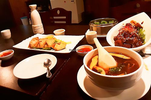 Fried Wantons, Hot and sour soup, Steamed Spinach Shumai and hot Sake.  at Jujube Tree in Astoria