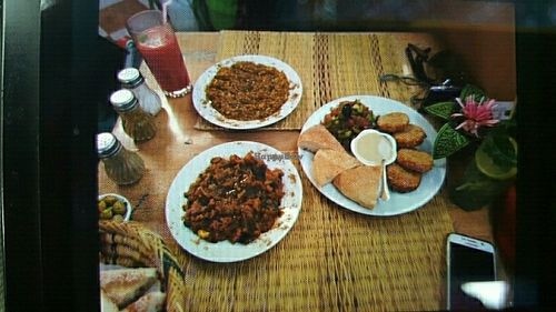 Falafel, Lentil salad and eggplant salad at Marrakech Henna Art Cafe in Marrakech