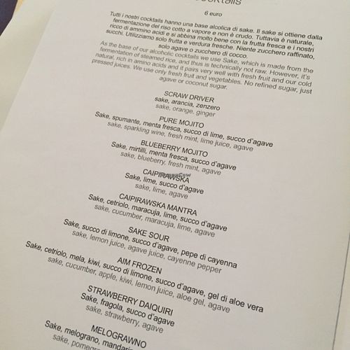 Cocktail menu at Mantra Raw in Milan