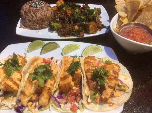 fish tacos - DELISH  at Vegan Galaxy in Huntington Beach