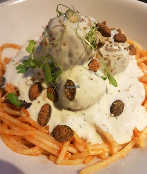 Albóndigas con pasta y salsa blanca (maravilloso) at VEGA - Luna in Madrid