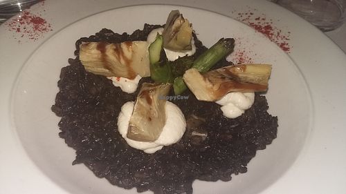 Black rice with "squid", artichokes, asparagus and sweet garlic mayonnaise. at VEGA - Luna in Madrid