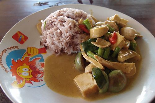 Tofu and mushrooms green curry, with brown rice. at Keereboon Vegetarian Food in Prachuap Khiri Khan