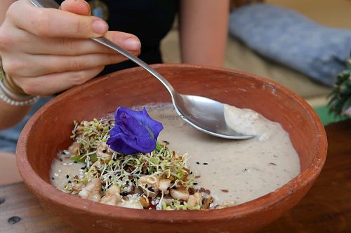banana walnut smoothie bowl, big and filling! at Shantaram Raw in Arambol