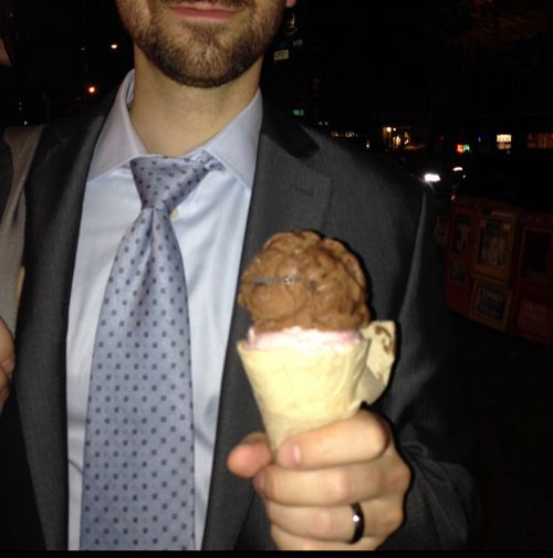 chocolate almond, strawberry champagne on a pumpkin spice cone at DF Mavens in New York City