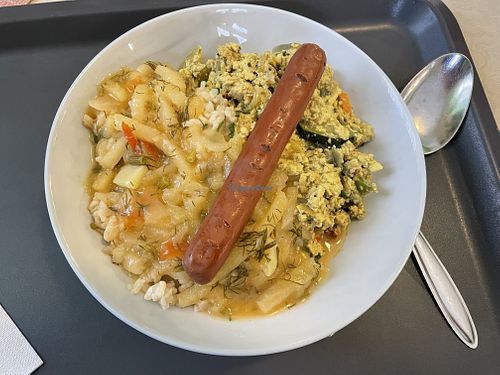 Scrambled tofu, rice, some soup and sausage  at Edeni Vegan in Budapest