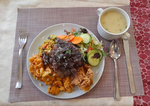 Mixed plate with parsley soup at Edeni Vegan in Budapest